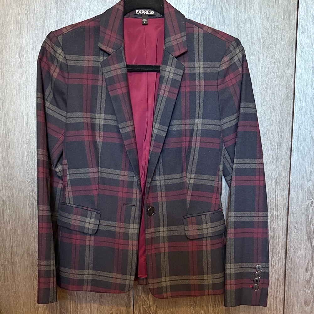 Express Women’s Plaid Blazer - Burgundy, Navy and Charcoal